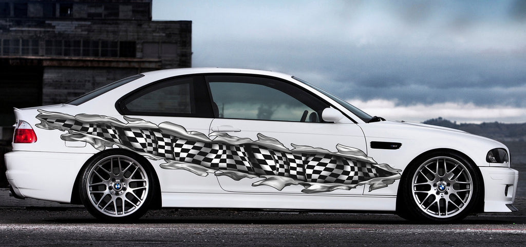 3D Checkered Flag Car Wrap, Racing Flag Car Decal, Ripped Metal Checkered Car Sticker, Checkered Flag Racing Stripes Vinyl Decal