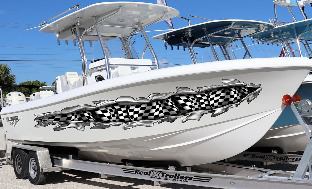 Ripped Metal 3D Checkered Flag Boat Graphics, Racing Flag Boat Decal, Ripped Metal Checkered Flag Boat Sticker, Racing flag Boat Vinyl Wrap