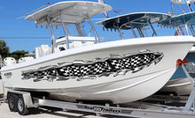 Load image into Gallery viewer, Ripped Metal 3D Checkered Flag Boat Graphics, Racing Flag Boat Decal, Ripped Metal Checkered Flag Boat Sticker, Racing flag Boat Vinyl Wrap