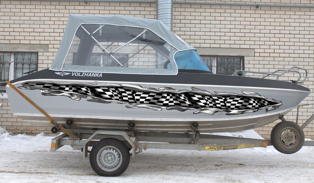 Ripped Metal 3D Checkered Flag Boat Graphics, Racing Flag Boat Decal, Ripped Metal Checkered Flag Boat Sticker, Racing flag Boat Vinyl Wrap