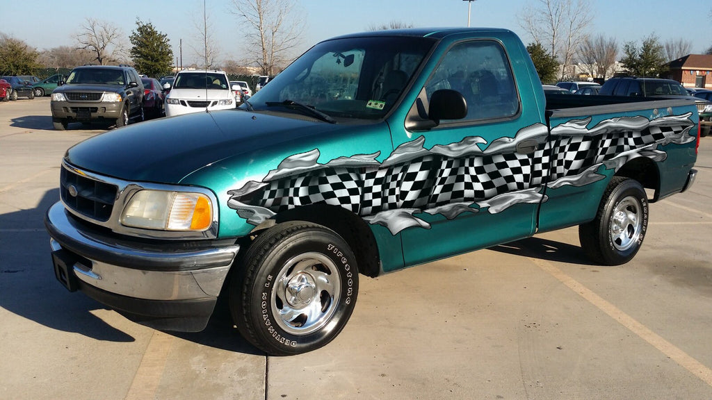 3D Checkered Flag Truck Decal, Racing Flag Truck Vinyl, Racing Flag Car Vinyl Wrap, Racing Flag Ripped Metal Full Color Car Vinyl Design