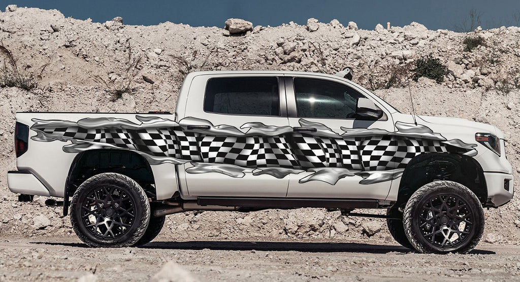 3D Checkered Flag Truck Decal, Racing Flag Truck Vinyl, Racing Flag Car Vinyl Wrap, Racing Flag Ripped Metal Full Color Car Vinyl Design