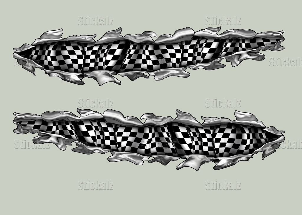 3D Checkered Flag Truck Decal, Racing Flag Truck Vinyl, Racing Flag Car Vinyl Wrap, Racing Flag Ripped Metal Full Color Car Vinyl Design