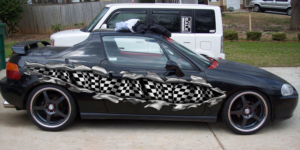 Ripped Metal Checkered Flag Car Decal, 3D Checkered Flag Car Wrap, Racing Flag Car Sticker, Checkered Flag Racing Stripes Vinyl Graphics