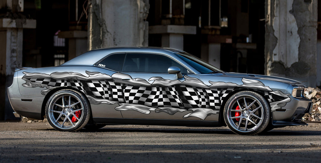 Ripped Metal Checkered Flag Car Decal, 3D Checkered Flag Car Wrap, Racing Flag Car Sticker, Checkered Flag Racing Stripes Vinyl Graphics