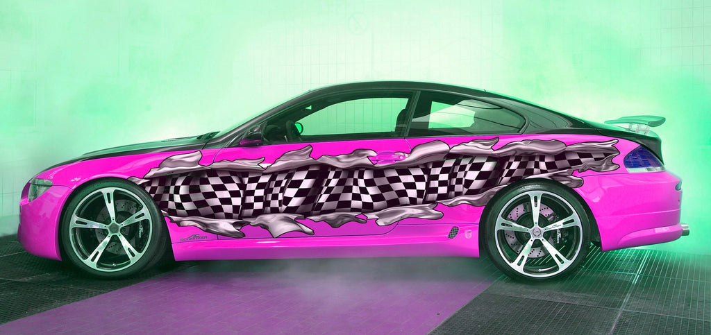 Ripped Metal Checkered Flag Car Decal, 3D Checkered Flag Car Wrap, Racing Flag Car Sticker, Checkered Flag Racing Stripes Vinyl Graphics