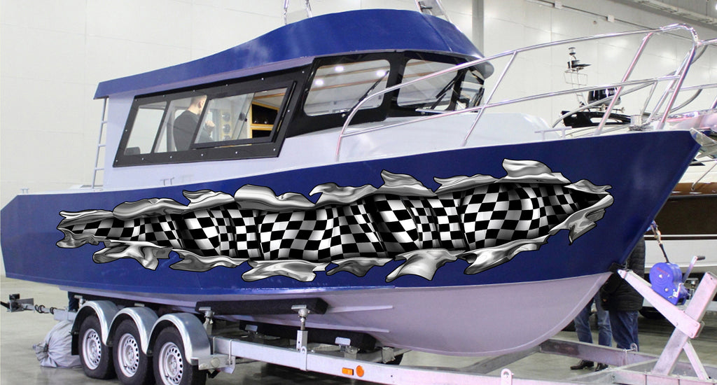 Ripped Metal Racing Flag Boat Sticker, Checkered Flag Boat Full Color Vinyl Decal, Watercraft Vinyl, Speed Boat Decal Graphics
