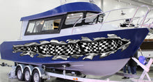 Load image into Gallery viewer, Ripped Metal Racing Flag Boat Sticker, Checkered Flag Boat Full Color Vinyl Decal, Watercraft Vinyl, Speed Boat Decal Graphics