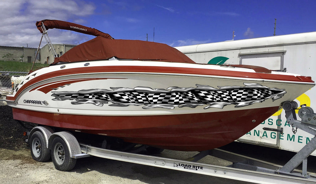 Ripped Metal Racing Flag Boat Sticker, Checkered Flag Boat Full Color Vinyl Decal, Watercraft Vinyl, Speed Boat Decal Graphics