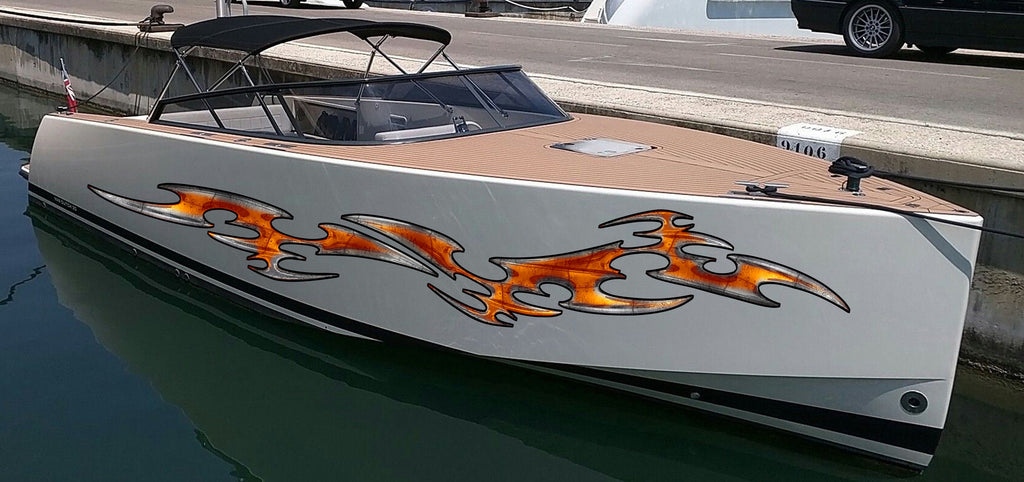 Tribal Boat Full Color Vinyl Sticker, Watercraft Vinyl Decal, Sword Speed Boat Graphics Decal, Tribal Racing Stripes Designer Sticker