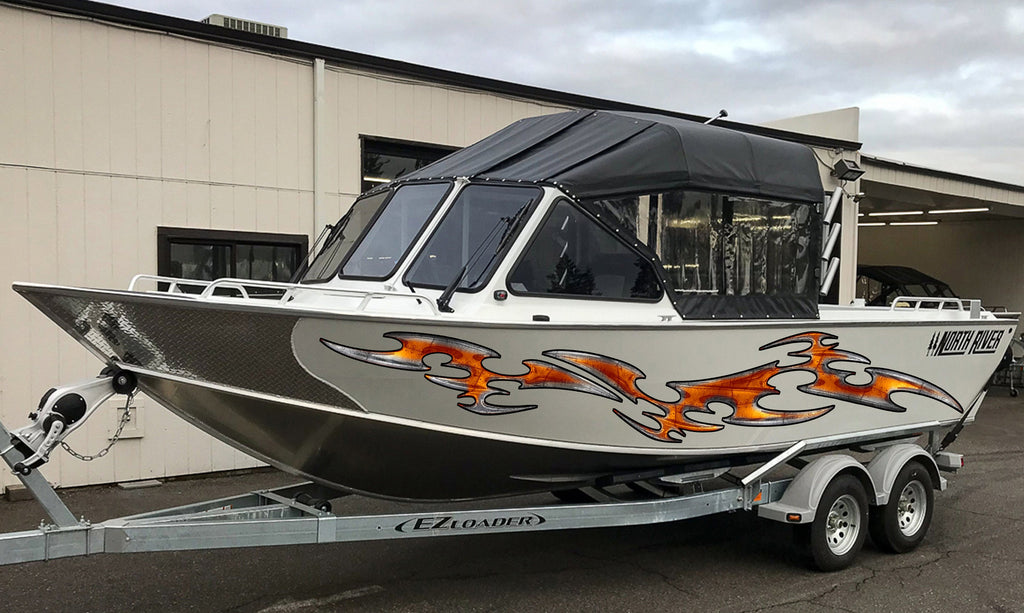 Tribal Boat Full Color Vinyl Sticker, Watercraft Vinyl Decal, Sword Speed Boat Graphics Decal, Tribal Racing Stripes Designer Sticker