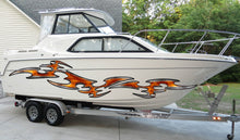 Load image into Gallery viewer, Tribal Boat Full Color Vinyl Sticker, Watercraft Vinyl Decal, Sword Speed Boat Graphics Decal, Tribal Racing Stripes Designer Sticker