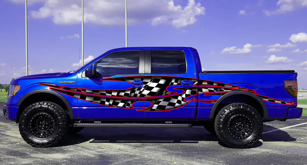 3D Checkered Flag Truck Graphics, Checkered Flag Truck Side Full Color Vinyl Sticker, Racing Flag Truck Vinyl, Checkered Flag Car Sticker