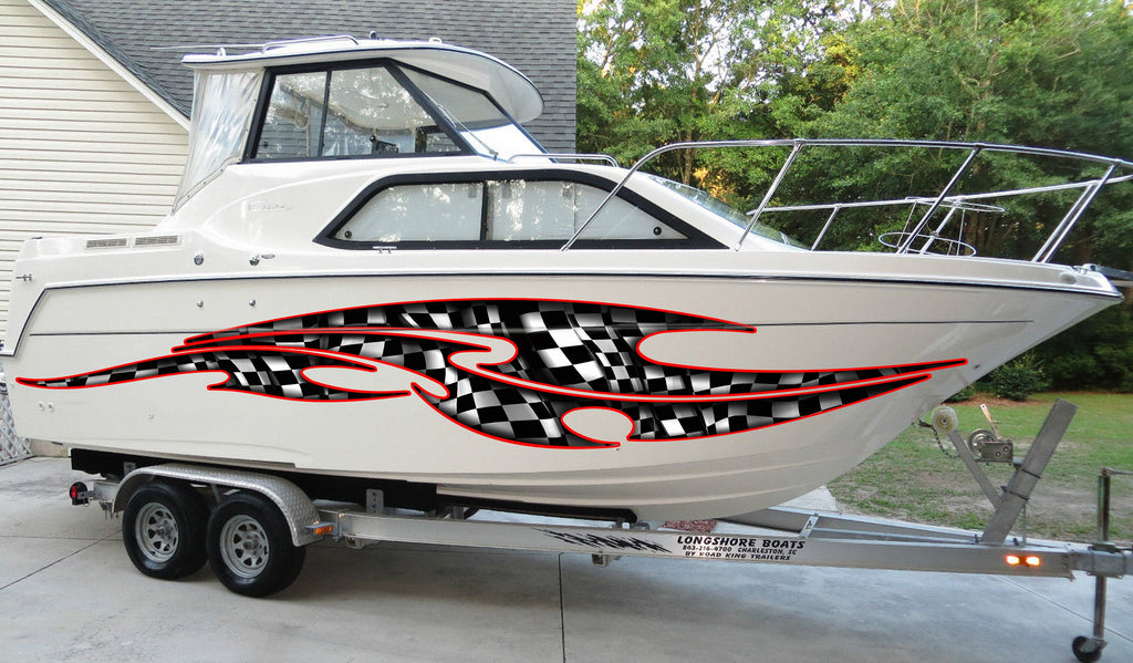 Checkered Flag Boat Graphics, Racing flag Boat Wrap, Checkered Flag Boat Decal, Checkered Flag Boat Sticker, Racing flag Boat Vinyl Graphics