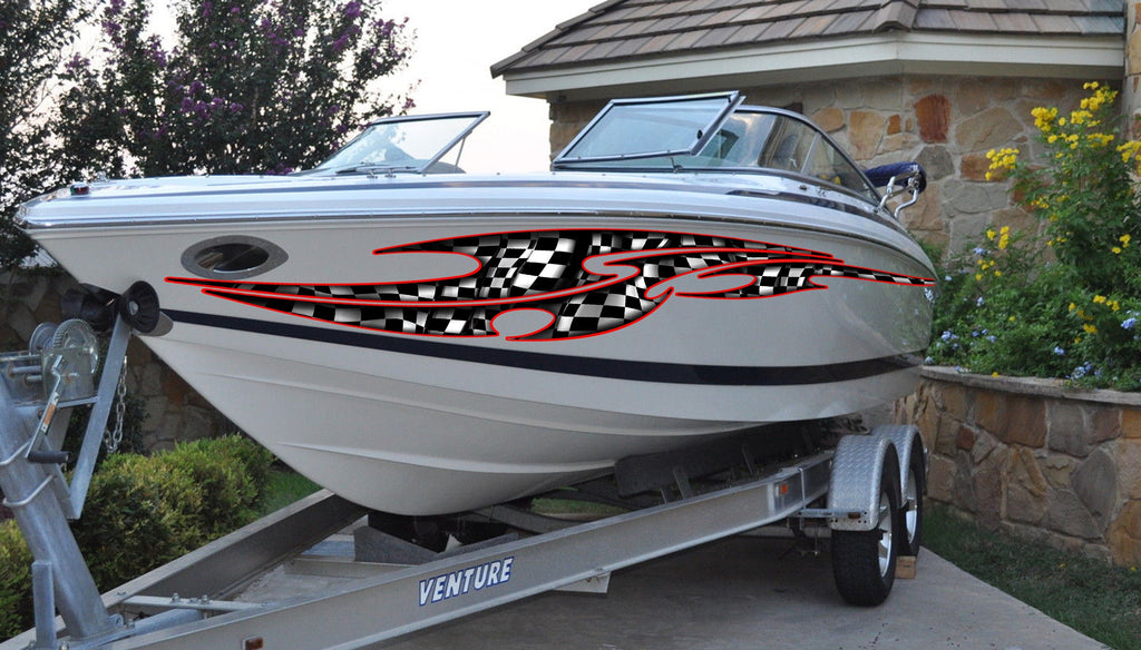 Checkered Flag Boat Graphics, Racing flag Boat Wrap, Checkered Flag Boat Decal, Checkered Flag Boat Sticker, Racing flag Boat Vinyl Graphics
