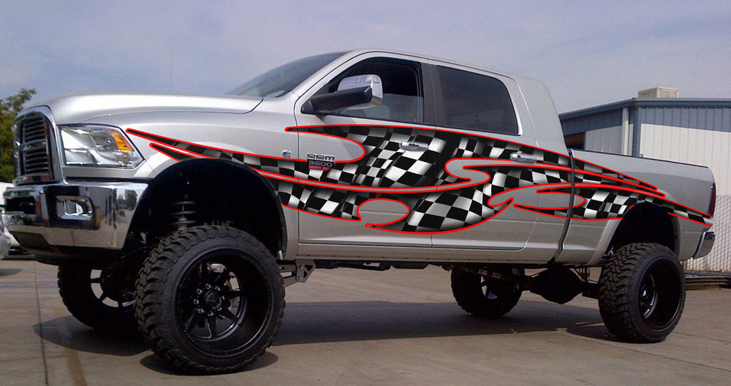 Checkered Flag Truck Wrap, Racing Flag Truck Vinyl, Racing Flag Car Vinyl Decal, Racing Flag Ripped Metal Full Color Car Vinyl Design