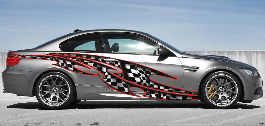 3D Checkered Flag Racing Stripes Vinyl Decal, Checkered Car Sticker, Checkered Car Graphics,Checkered Flag Car Wrap, Checkered Flag Car Wrap