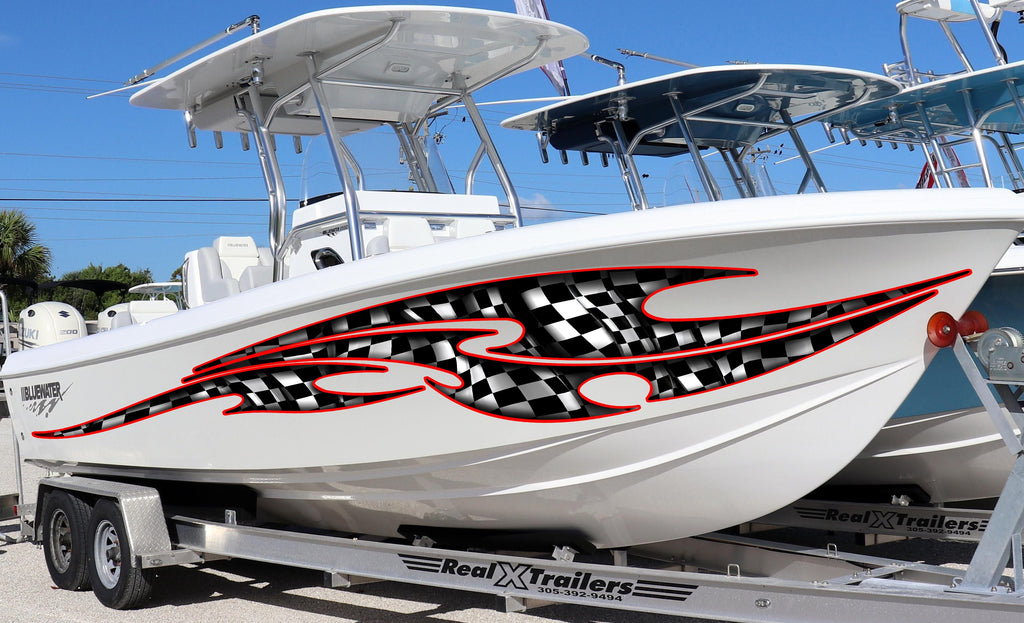 Racing Flag Boat Sticker, Checkered Flag Boat Full Color Vinyl Decal, Watercraft Vinyl, Speed Boat Graphics Decal, Racing Flag Boat Wrap