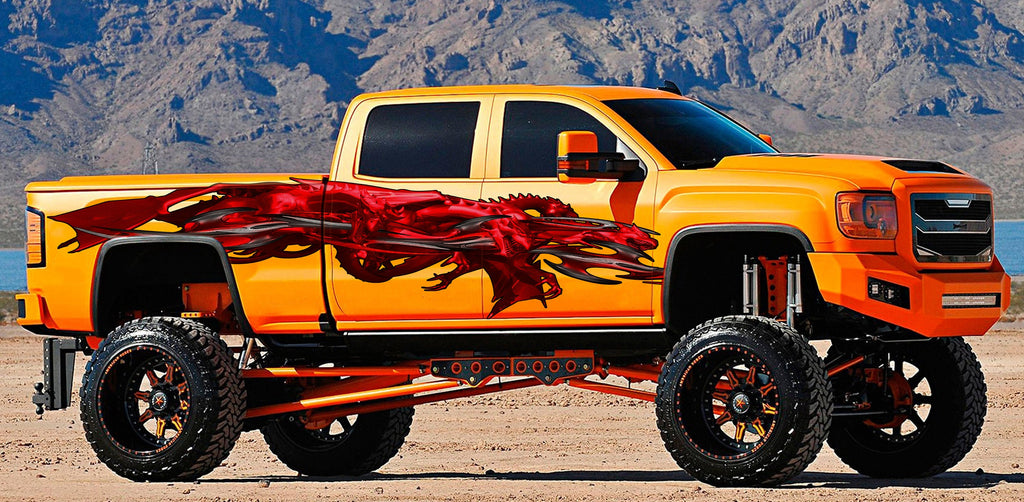 Red Dragon Full Color Truck Side Graphics, Tribal Dragon 3D Truck Vinyl, Tribal Dragon Truck Vinyl, Tribal Dragon Truck Decal