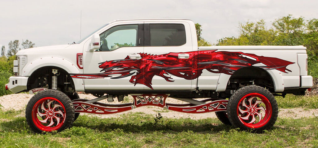 Red Dragon Full Color Truck Side Graphics, Tribal Dragon 3D Truck Vinyl, Tribal Dragon Truck Vinyl, Tribal Dragon Truck Decal