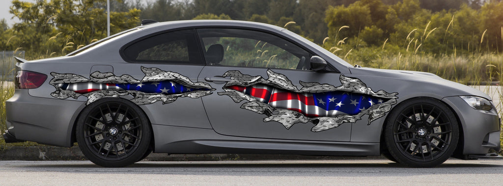 3D US Flag Ripped Metal Car Vinyl Decal, US Pride Car Vinyl Sticker, US Flag Car Wrap, American Flag Car Side Design, Big Flag Car Decals