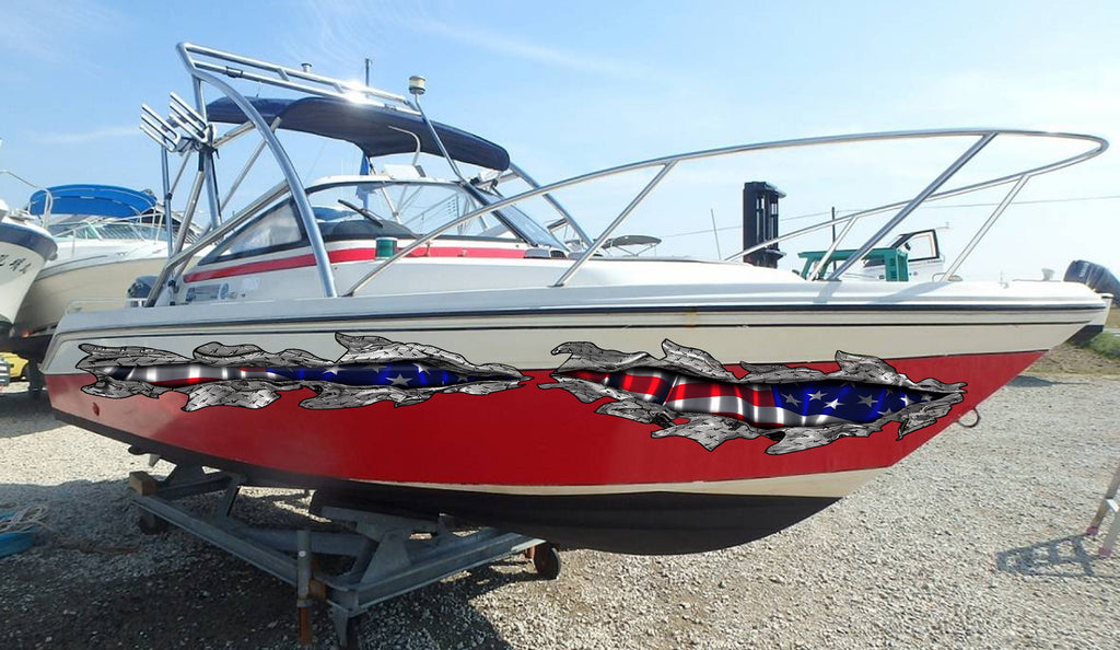 USA Flag Boat Wrap, American pride Boat Vinyl, 3D US Flag Ripped Metal Boat Vinyl Decal, Flag Boat Graphics,Full Color USA Flag Boat Sticker