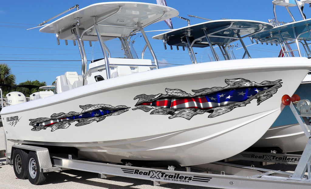 USA Flag Boat Wrap, American pride Boat Vinyl, 3D US Flag Ripped Metal Boat Vinyl Decal, Flag Boat Graphics,Full Color USA Flag Boat Sticker