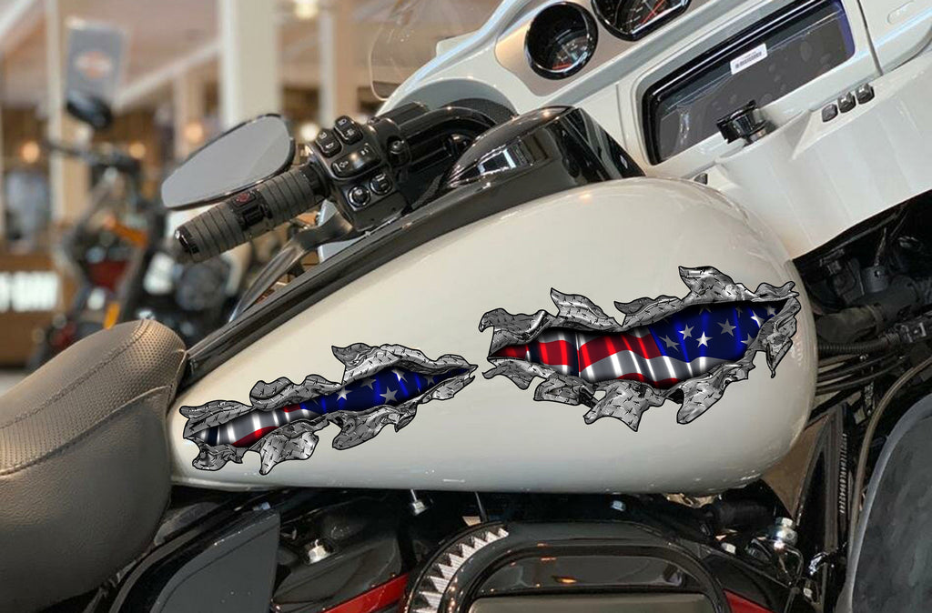 3D American Flag Bike Decal, USA Flag Motorcycle Vinyl Decal, USA Flag Crotch Rocket Sticker, Ripped Metal USA Flag Bike Vinyl Graphics