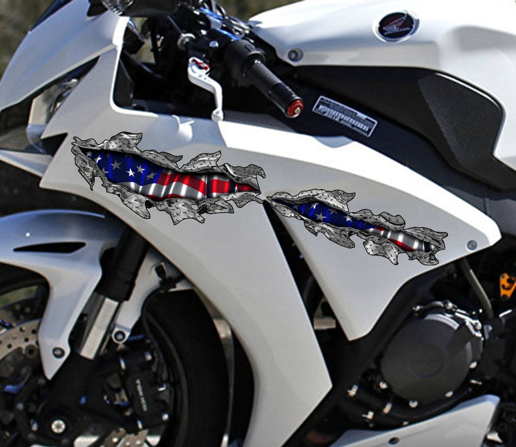 3D American Flag Bike Decal, USA Flag Motorcycle Vinyl Decal, USA Flag Crotch Rocket Sticker, Ripped Metal USA Flag Bike Vinyl Graphics