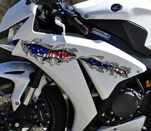 Load image into Gallery viewer, 3D American Flag Bike Decal, USA Flag Motorcycle Vinyl Decal, USA Flag Crotch Rocket Sticker, Ripped Metal USA Flag Bike Vinyl Graphics