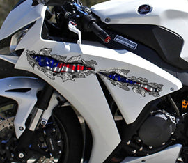 3D American Flag Bike Decal, USA Flag Motorcycle Vinyl Decal, USA Flag Crotch Rocket Sticker, Ripped Metal USA Flag Bike Vinyl Graphics