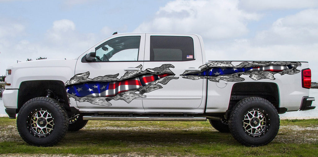 American Flag Ripped Metal Truck Decal – Patriotic USA Vinyl Graphic for Pickup Sides, 3D Effect Vinyl Wrap