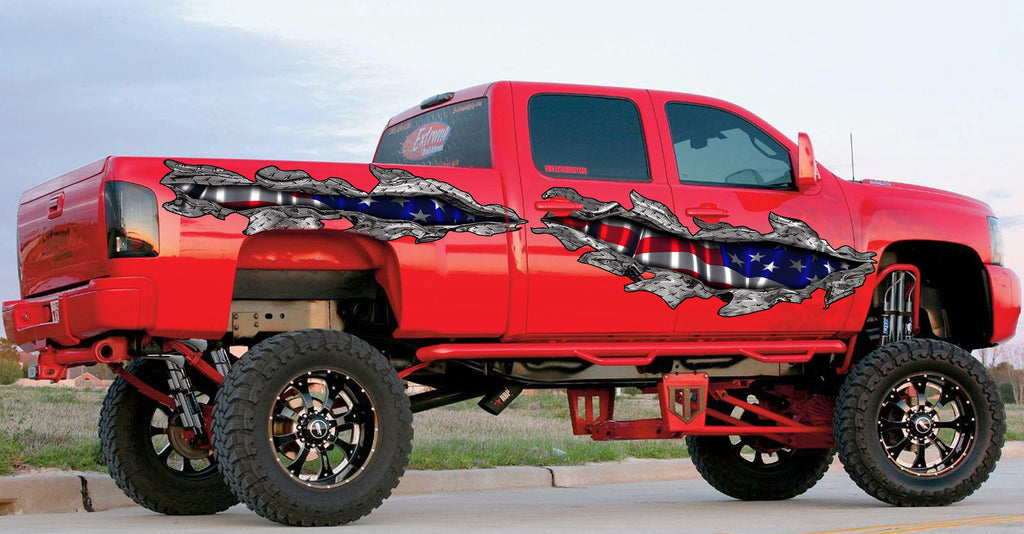 American Flag Ripped Metal Truck Decal – Patriotic USA Vinyl Graphic for Pickup Sides, 3D Effect Vinyl Wrap