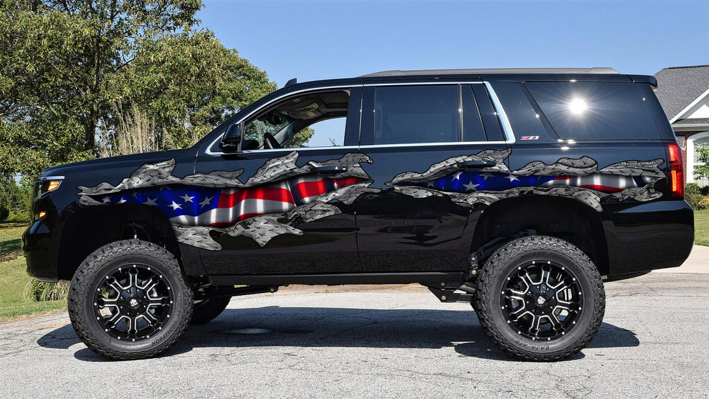 American Flag Ripped Metal Truck Decal – Patriotic USA Vinyl Graphic for Pickup Sides, 3D Effect Vinyl Wrap