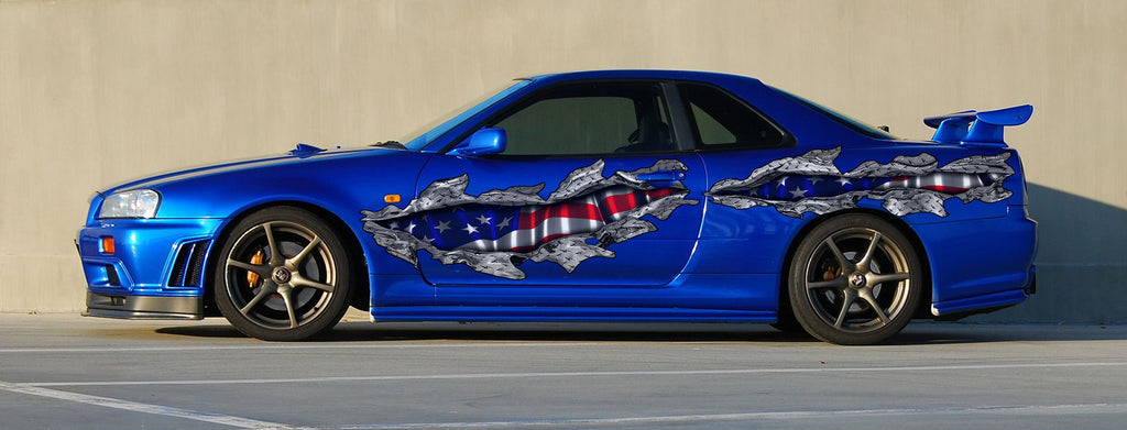 3D USA Flag Car Side Wrap, USA Flag Car Vinyl Sticker, American Flag full color car side graphics, 3D Ripped Metal USA Flag Car Decal