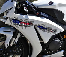 Load image into Gallery viewer, 3D American flag bike vinyl decal, USA Flag Crotch Rocket Graphics, US Flag crotch rocket vinyl graphic, Ripped Metal full color bike design