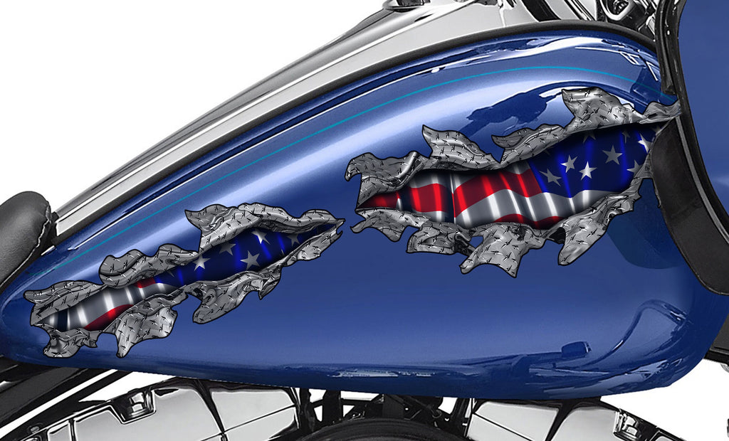 3D American flag bike vinyl decal, USA Flag Crotch Rocket Graphics, US Flag crotch rocket vinyl graphic, Ripped Metal full color bike design