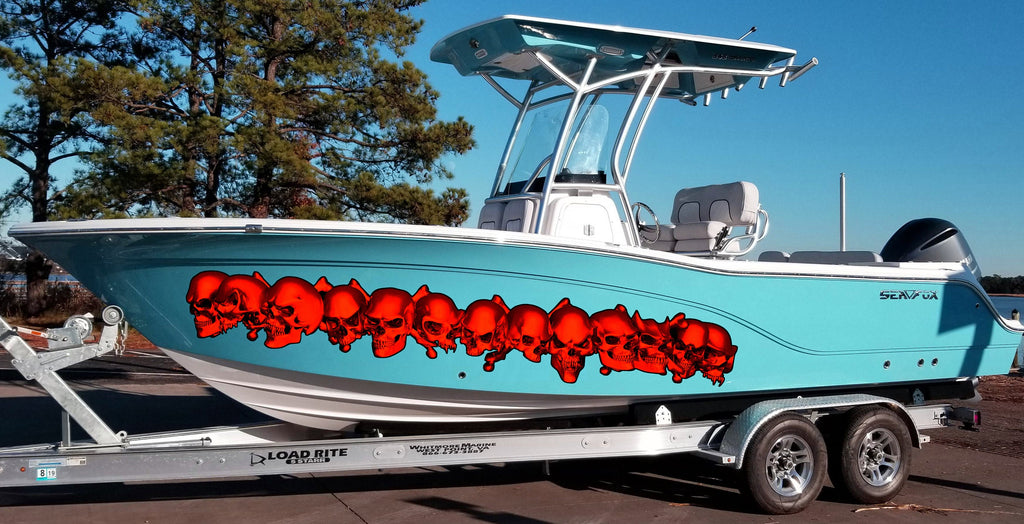 Full Color Cigar Boat Graphics Vinyl Decal, Skulls Boat Vinyl, Pirate Skulls Boat Wrap, Skulls Watercraft Graphics Full Color Racing Stripes