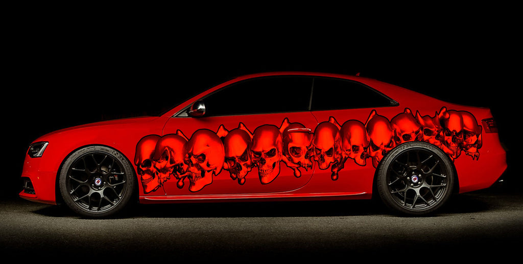 Tribal Skulls Racing Stripes Vinyl Decal, Pirate Skull Full Color Car Vinyl Design, Skulls Car Wrap, Skull Car Vinyl Sticker, Car Decal