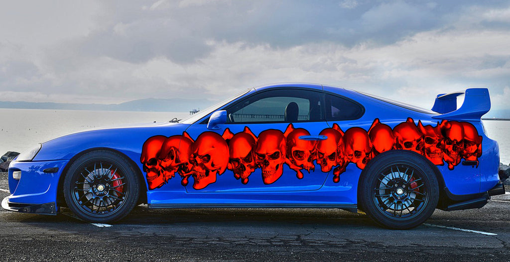 Tribal Skulls Racing Stripes Vinyl Decal, Pirate Skull Full Color Car Vinyl Design, Skulls Car Wrap, Skull Car Vinyl Sticker, Car Decal