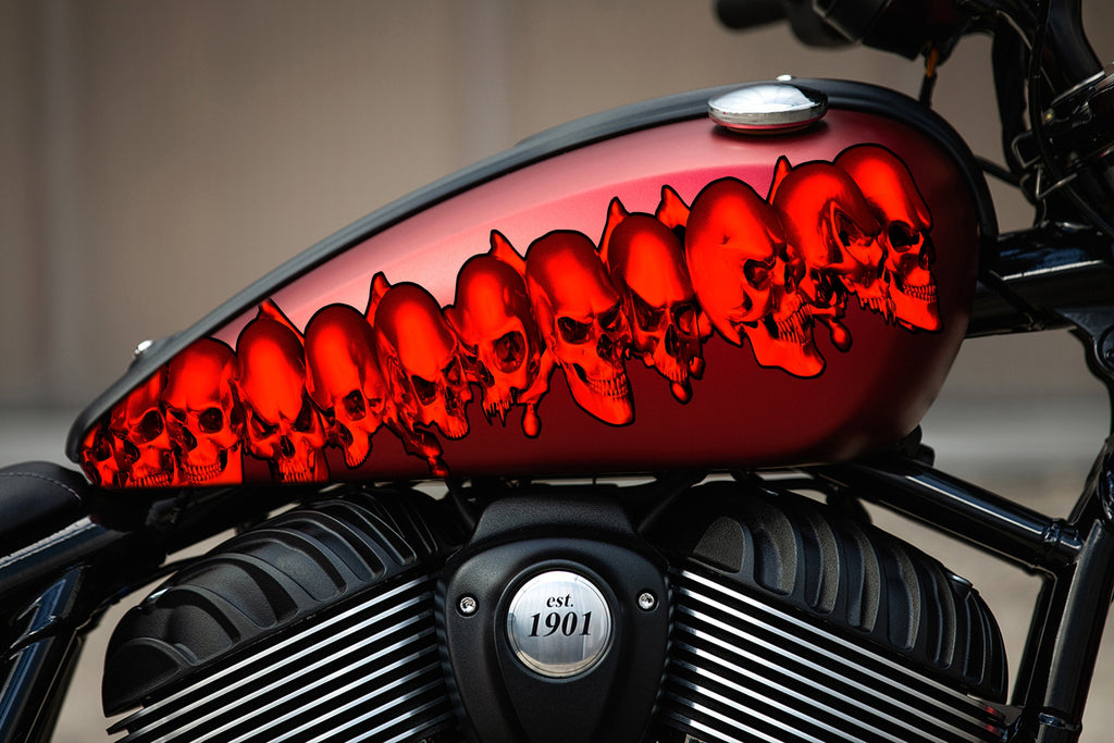 Pirate Skull Bike Decal, 3D Skulls Crotch Rocket Bike Wrap, Red Skulls Chopper Bike Graphics, Tribal Skulls Motorcycle Sticker