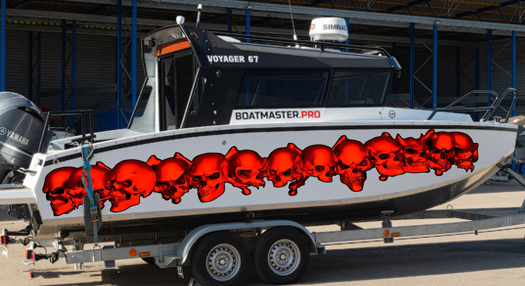 Pirate Skull Boat Decals, 3D Skulls Yacht Vinyl Wrap, Pirate Skull Watercraft Vinyl Graphics, Tribal Yacht Vinyl, Red Skulls Boat Decals