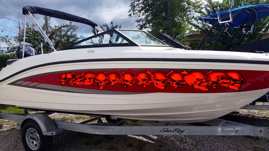 Pirate Skull Boat Decals, 3D Skulls Yacht Vinyl Wrap, Pirate Skull Watercraft Vinyl Graphics, Tribal Yacht Vinyl, Red Skulls Boat Decals