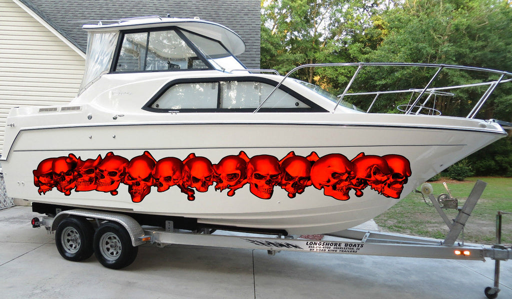 Pirate Skull Boat Decals, 3D Skulls Yacht Vinyl Wrap, Pirate Skull Watercraft Vinyl Graphics, Tribal Yacht Vinyl, Red Skulls Boat Decals