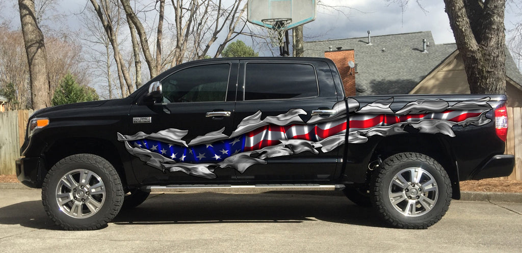 USA Flag Truck Vinyl Side Graphics, American Flag Car Sticker, Ripped USA Flag Truck Wrap, USA Flag Truck Side Full Color Vinyl Decal