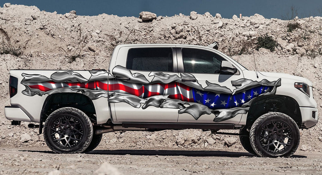 USA Flag Truck Vinyl Side Graphics, American Flag Car Sticker, Ripped USA Flag Truck Wrap, USA Flag Truck Side Full Color Vinyl Decal