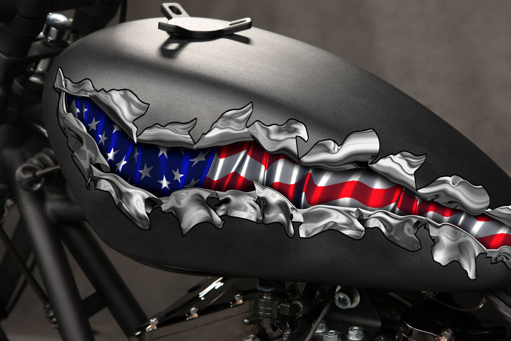 USA Flag Crotch Rocket Graphics, American flag bike vinyl decal, USA Flag crotch rocket vinyl graphics, Ripped Metal full color bike design