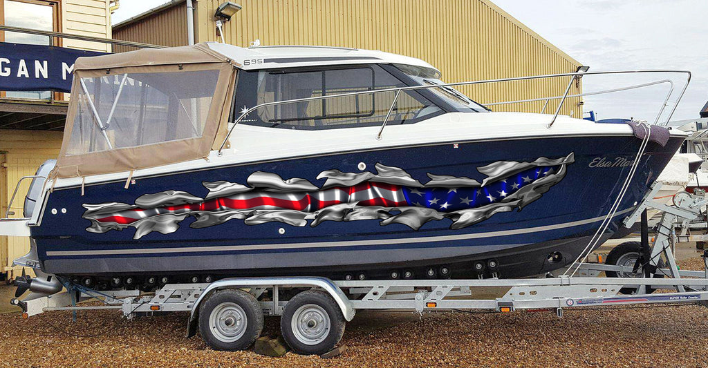 American Flag Boat Decal – Ripped Metal Vinyl Wrap for Boats, Patriotic USA Graphic Sticker, Waterproof Marine Vinyl for Hull or Sides