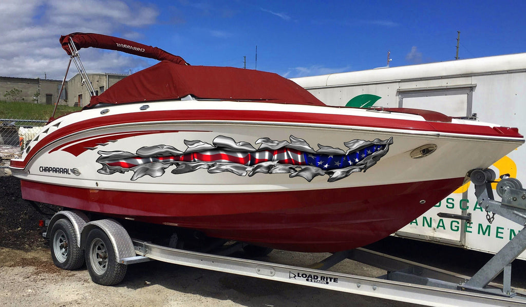 American Flag Boat Decal – Ripped Metal Vinyl Wrap for Boats, Patriotic USA Graphic Sticker, Waterproof Marine Vinyl for Hull or Sides