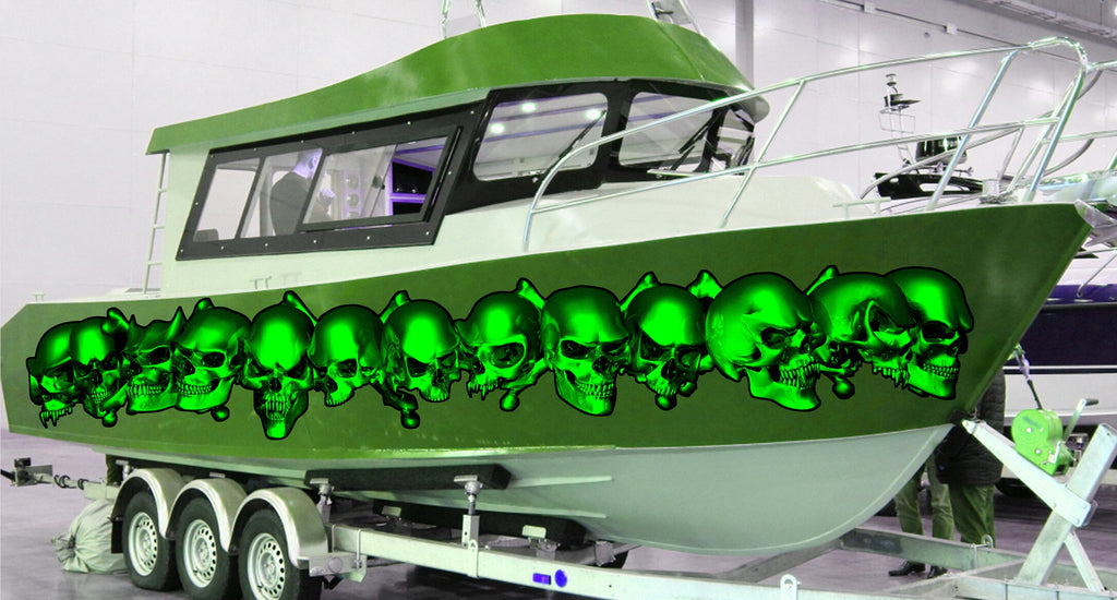 Pirate Skulls Boat Wrap, Full Color Cigar Boat Graphics Vinyl Decal, Skulls Boat Vinyl Sticker, Skulls Racing Stripes Watercraft Graphics